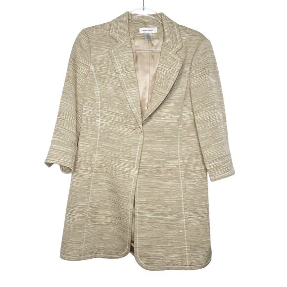 NINE WEST Button Blazer Coat 3/4 Sleeve Notch Lapel Metallic Beige Size Medium - Picture 1 of 14